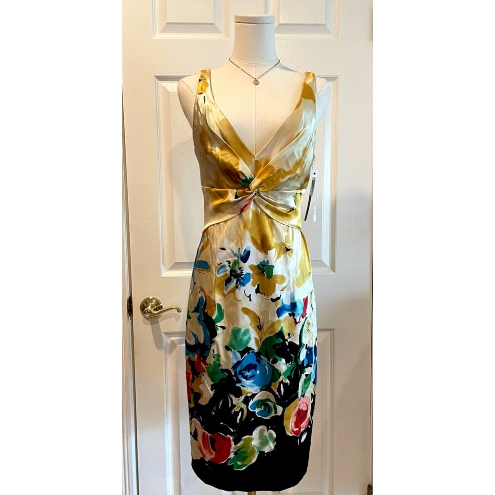 NWT Vtg David Meister 100% Silk Watercolor Floral Sheath Dress Twist Front SZ 8